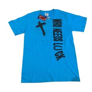 New WHO Needs Luck T-Shirt Men's Small Blue Graphic Religious Matthew 5:14